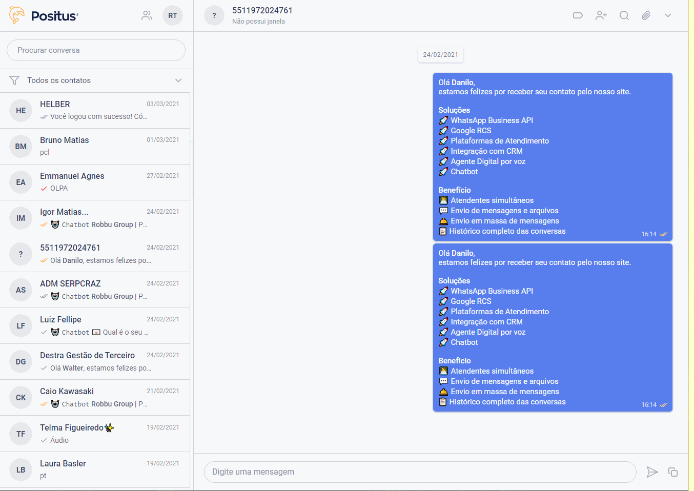 Tela de Dados da Mensagem com os status de envio