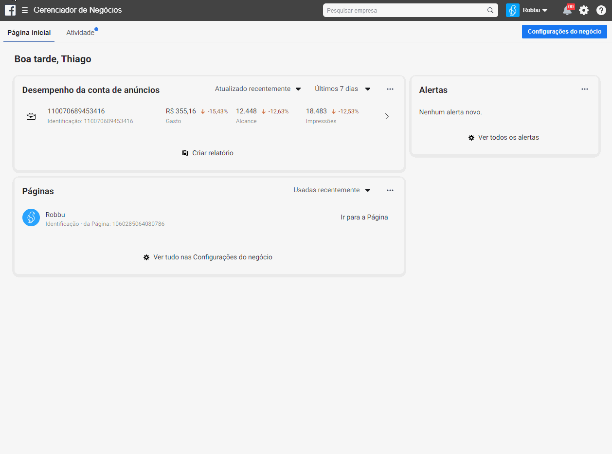 Acessando o Centro de segurança nas Configurações de negócio