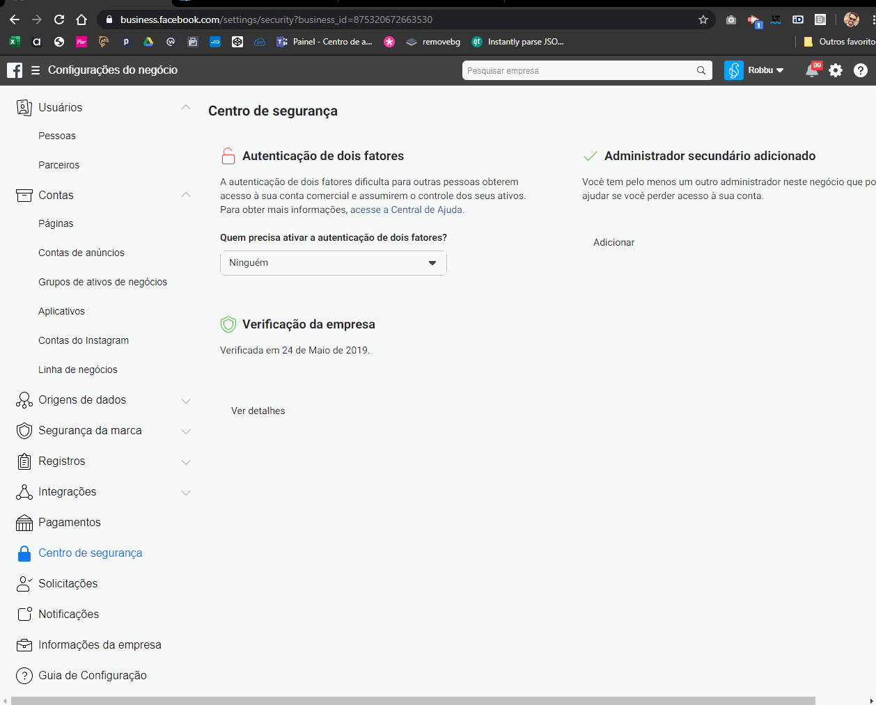 Menu Informações da Empresa após a verificação da conta