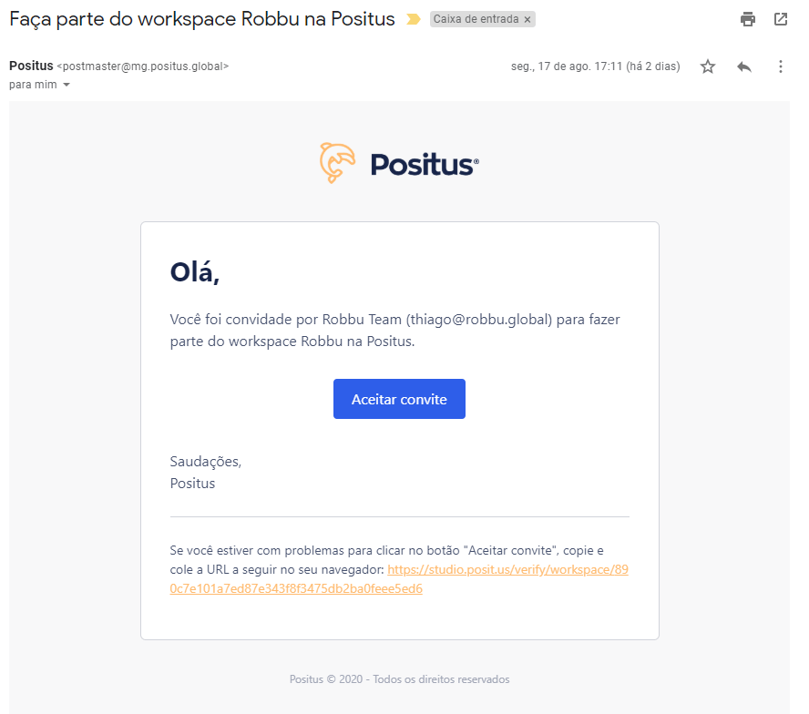 E-mail de convite para o Workspace com o botão Aceitar convite