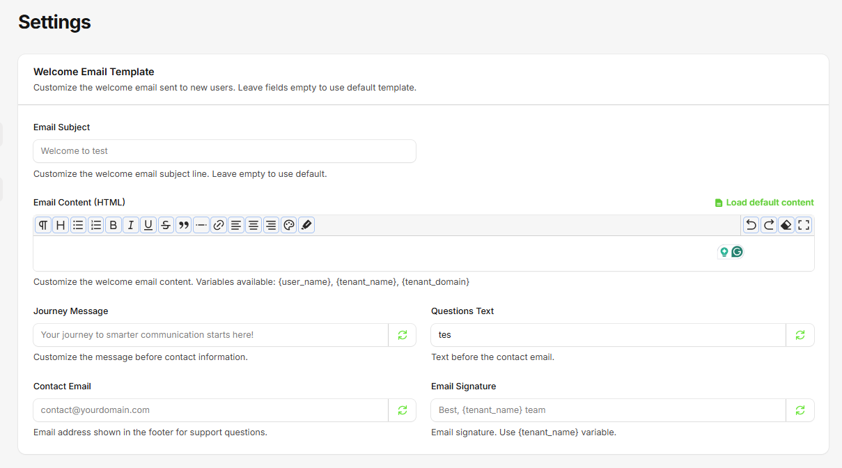 Email Templates Configuration