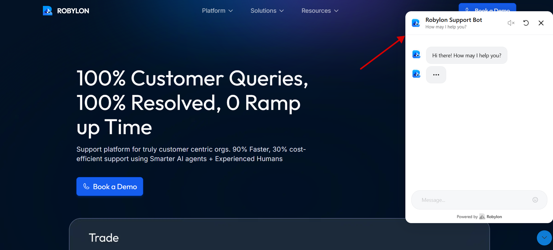 Webflow post-publish preview showing Robylon chatbot launcher on the site