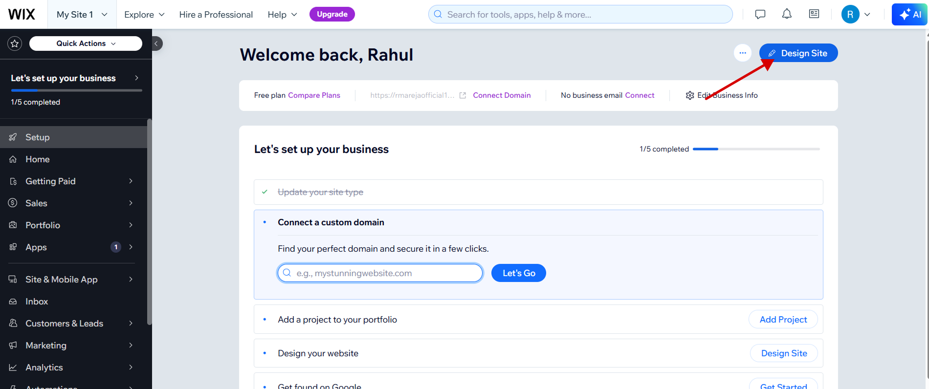 Wix Editor site dashboard selecting page to insert Robylon chatbot