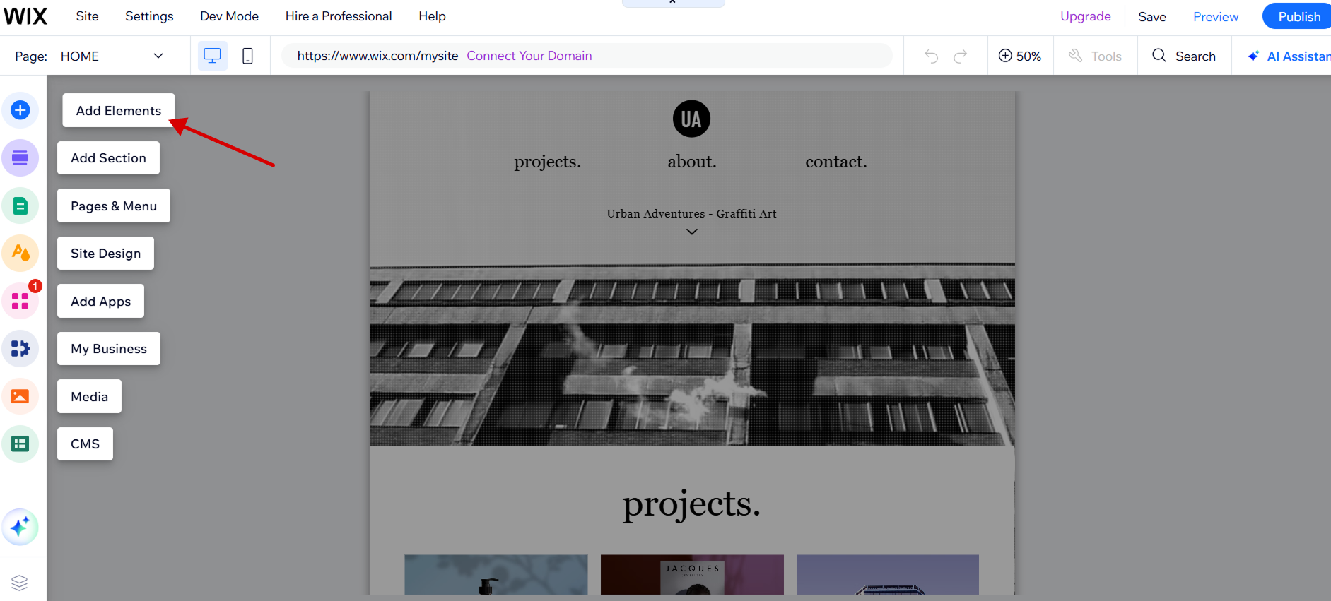 Wix Editor with ‘Add → Embed Code’ (HTML iframe) option in site menu