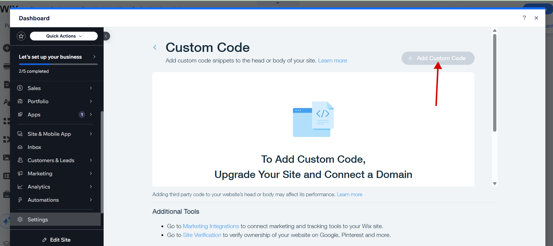 Wix site publish dialog showing the domain and publish button after integration