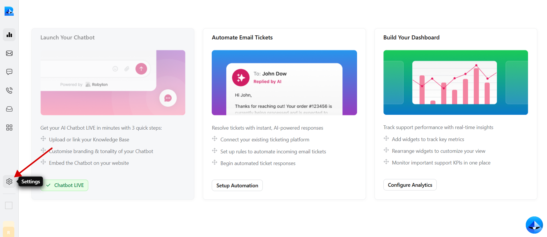Robylon dashboard with the left sidebar open and Settings highlighted to customize your bot