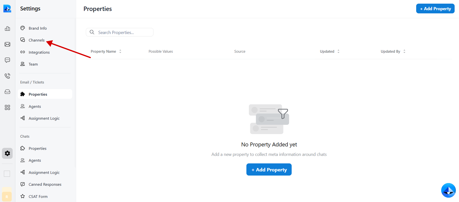 Settings → Channels screen in the Robylon dashboard for bot configuration