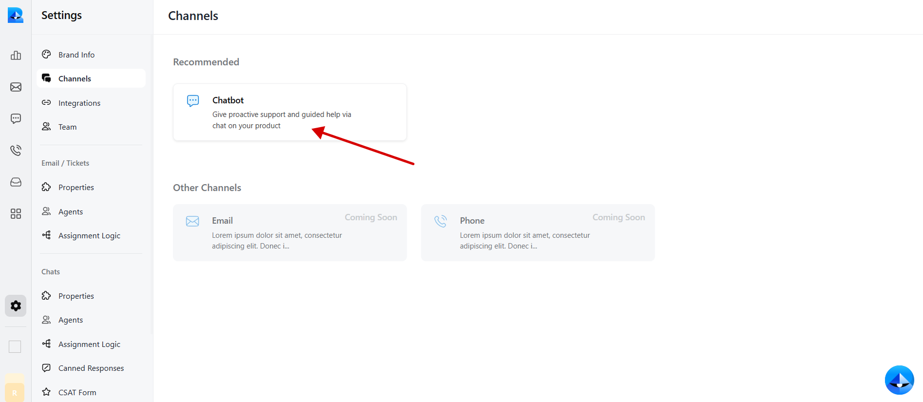 Channels view with Chatbot selected to open the bot customization interface