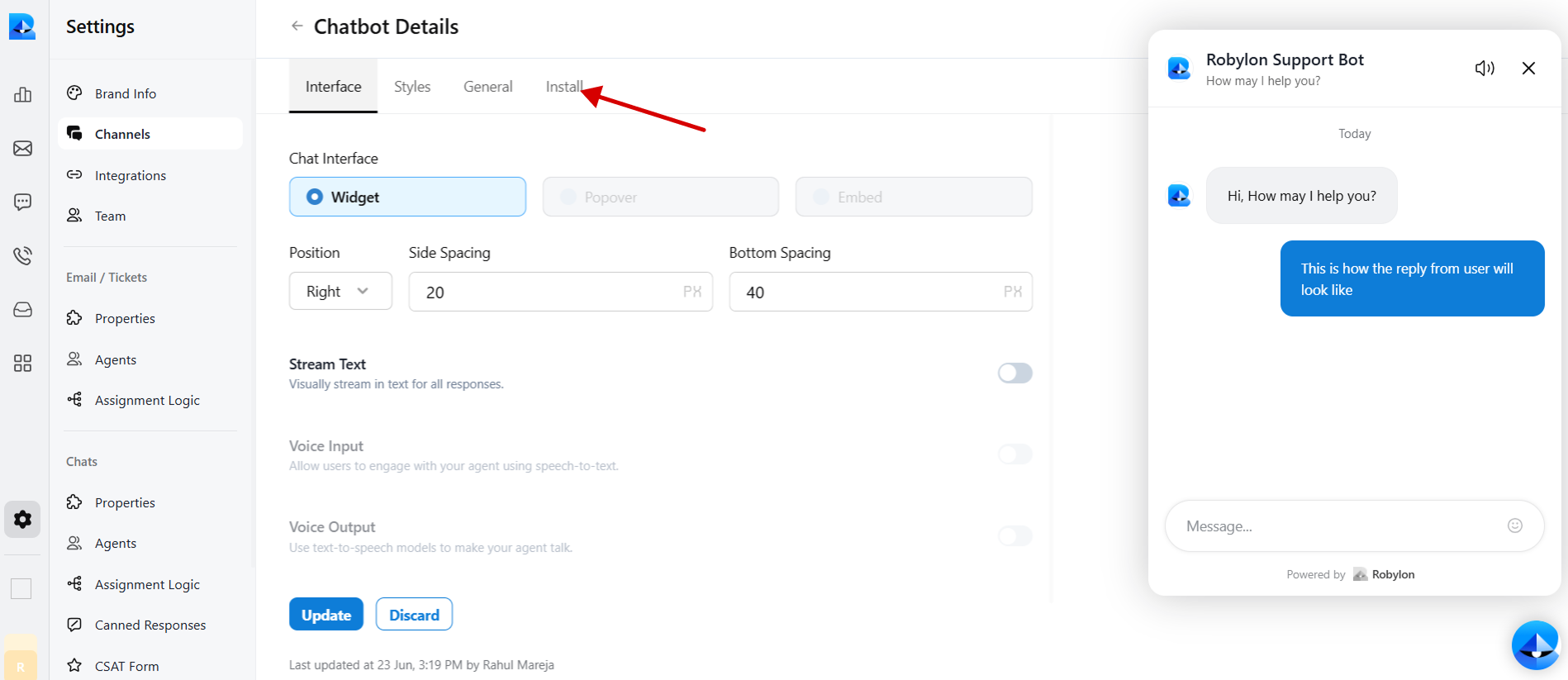 Robylon Install tab set to JavaScript embed for Webflow integration