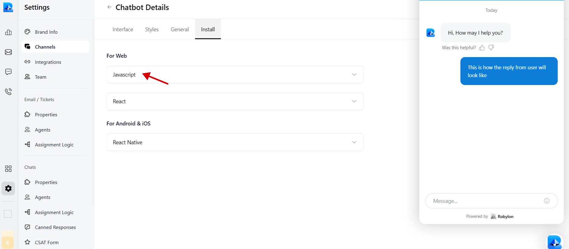 Robylon5js PnJavaScript embed code option selected in Robylon for Webflow embed