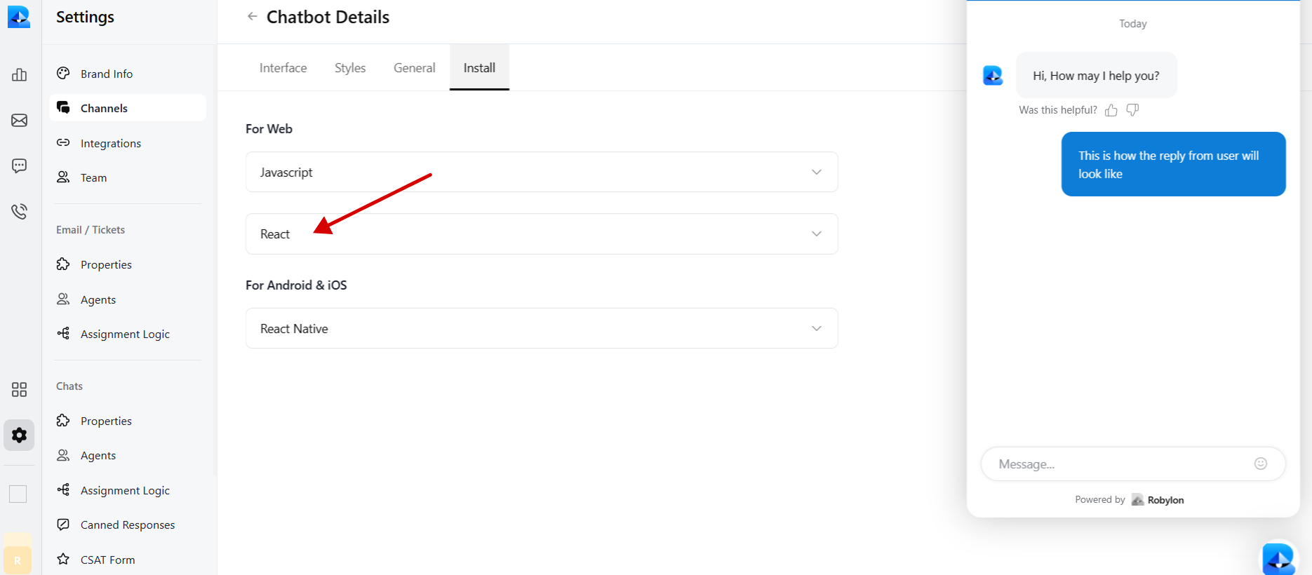 Robylon dashboard Chatbot Details, Install tab with React option selected, and live chatbot preview of user interaction