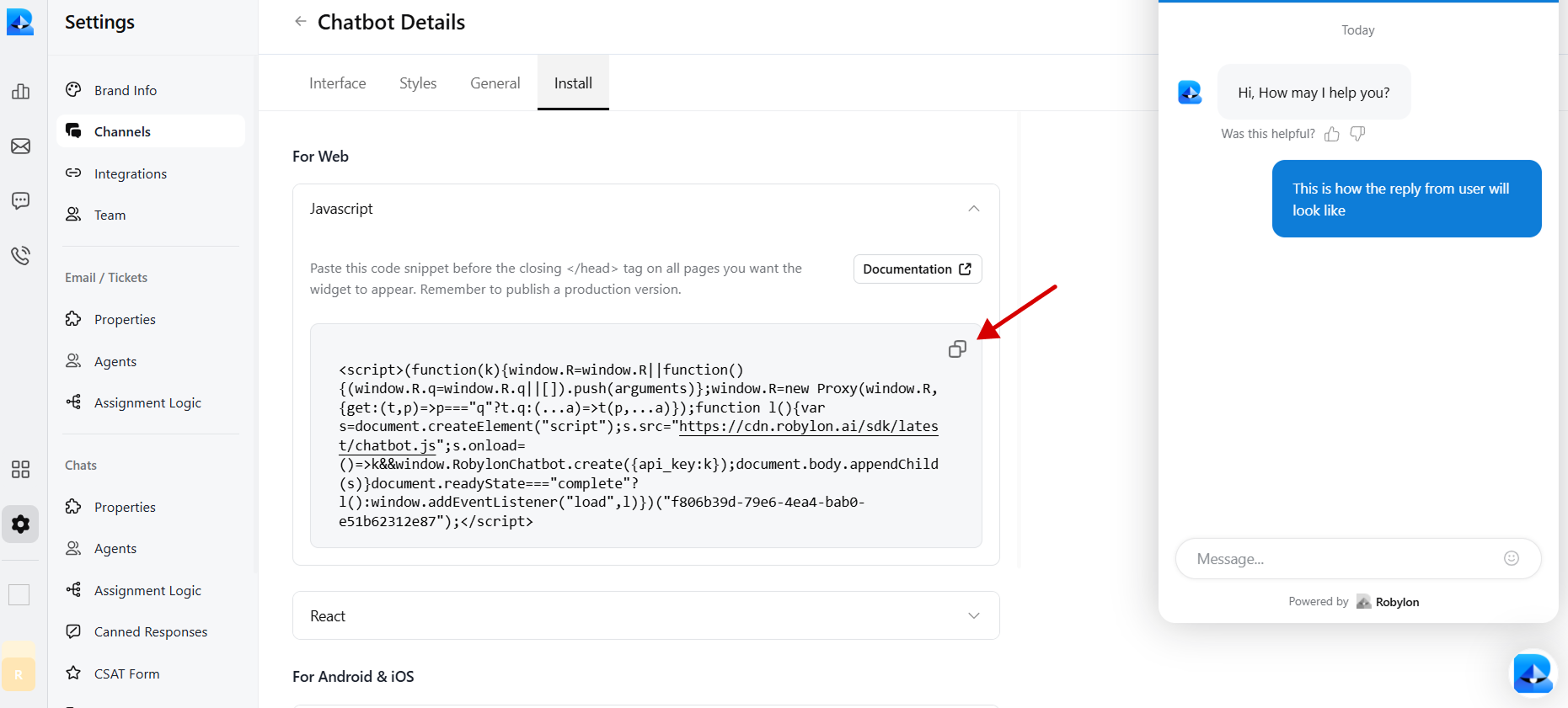 Copy the embed code snippet for Robylon chatbot to use in Webflow pages