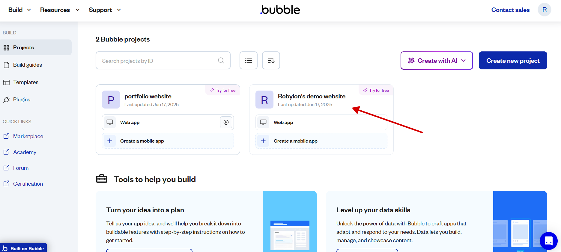 Bubble dashboard to pick the app or page where the Robylon chatbot will be embedded