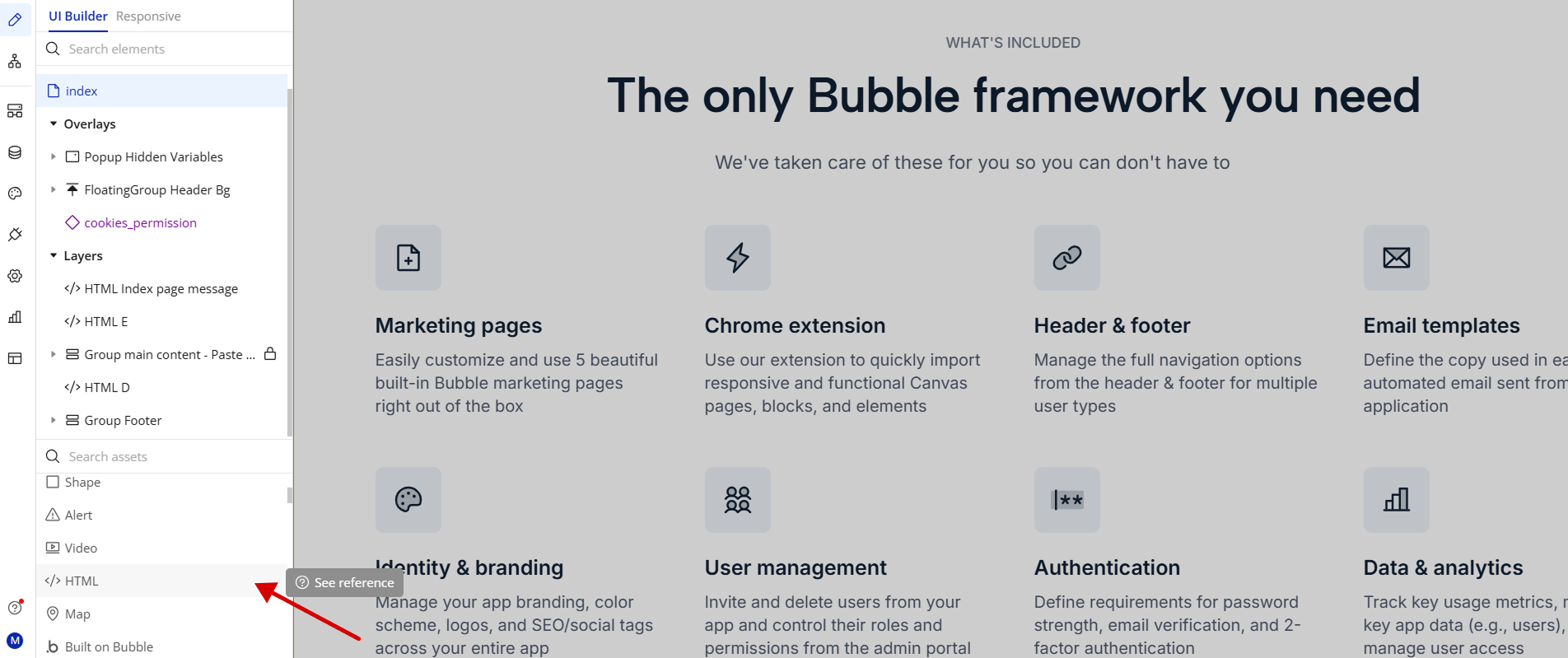 Bubble editor: drag the HTML element from the left sidebar onto the page for Robylon chatbot integration