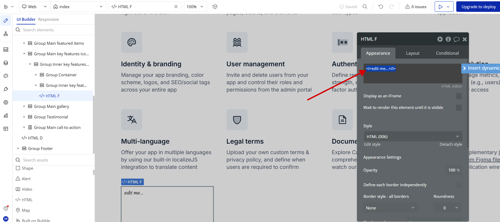 Double-click the HTML element in Bubble to open the code editor