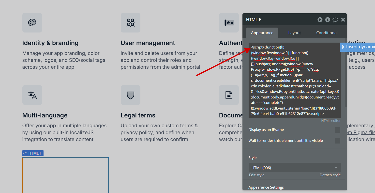 Paste the Robylon embed code into the Bubble HTML editor