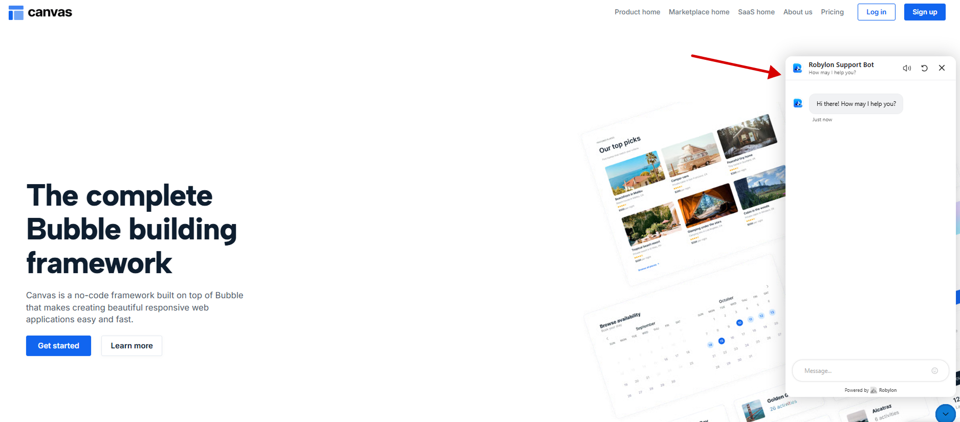 Chat window open, confirming the Robylon chatbot works inside the Bubble app