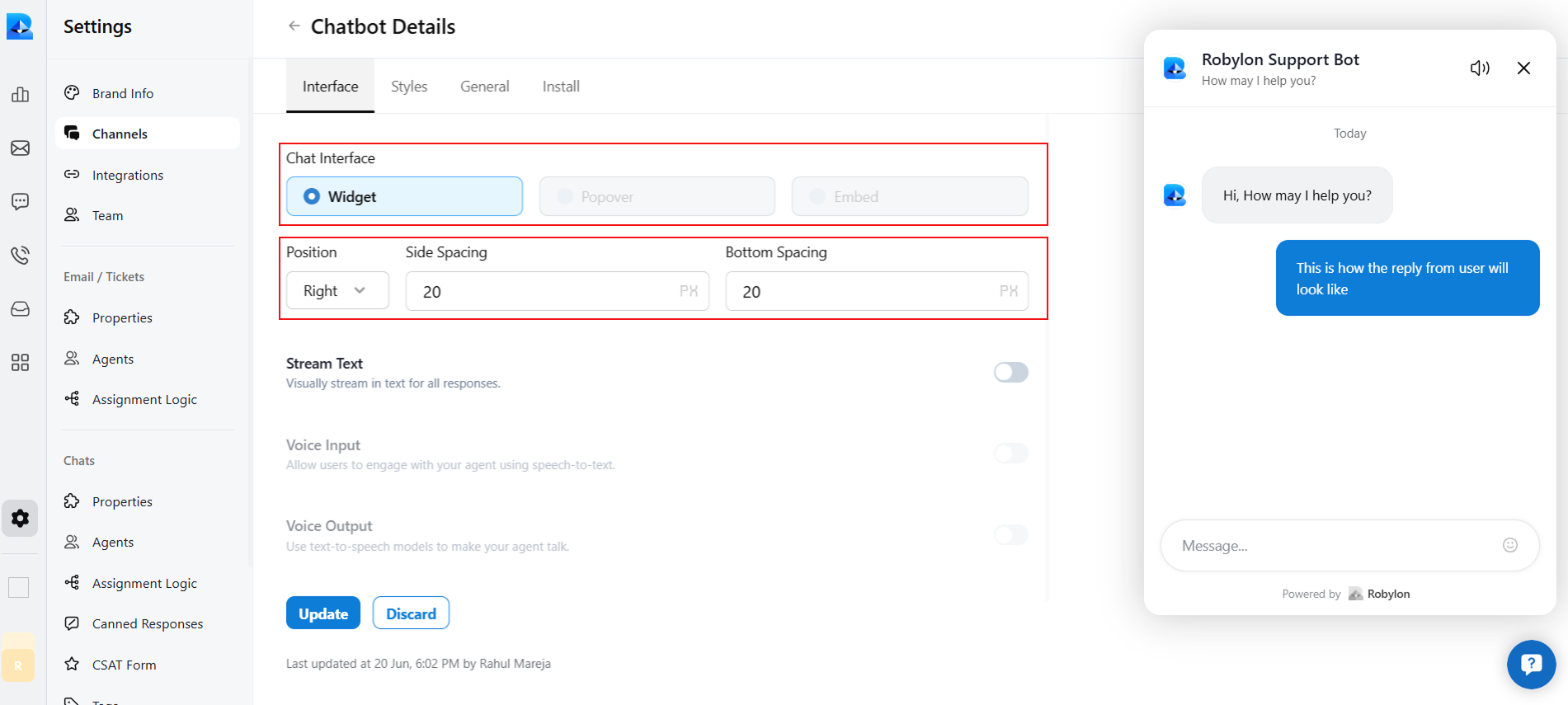 Chatbot Interface settings showing chat window layout and on-page position options
