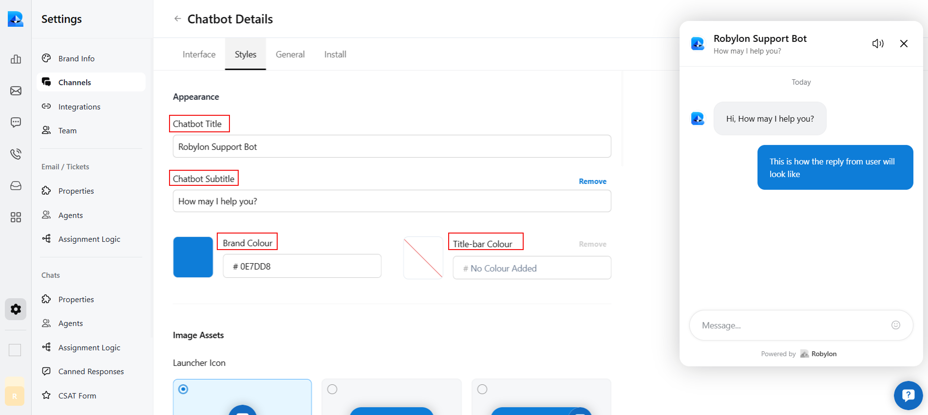 Chatbot Styles panel to edit bot title, subtitle, and brand colors