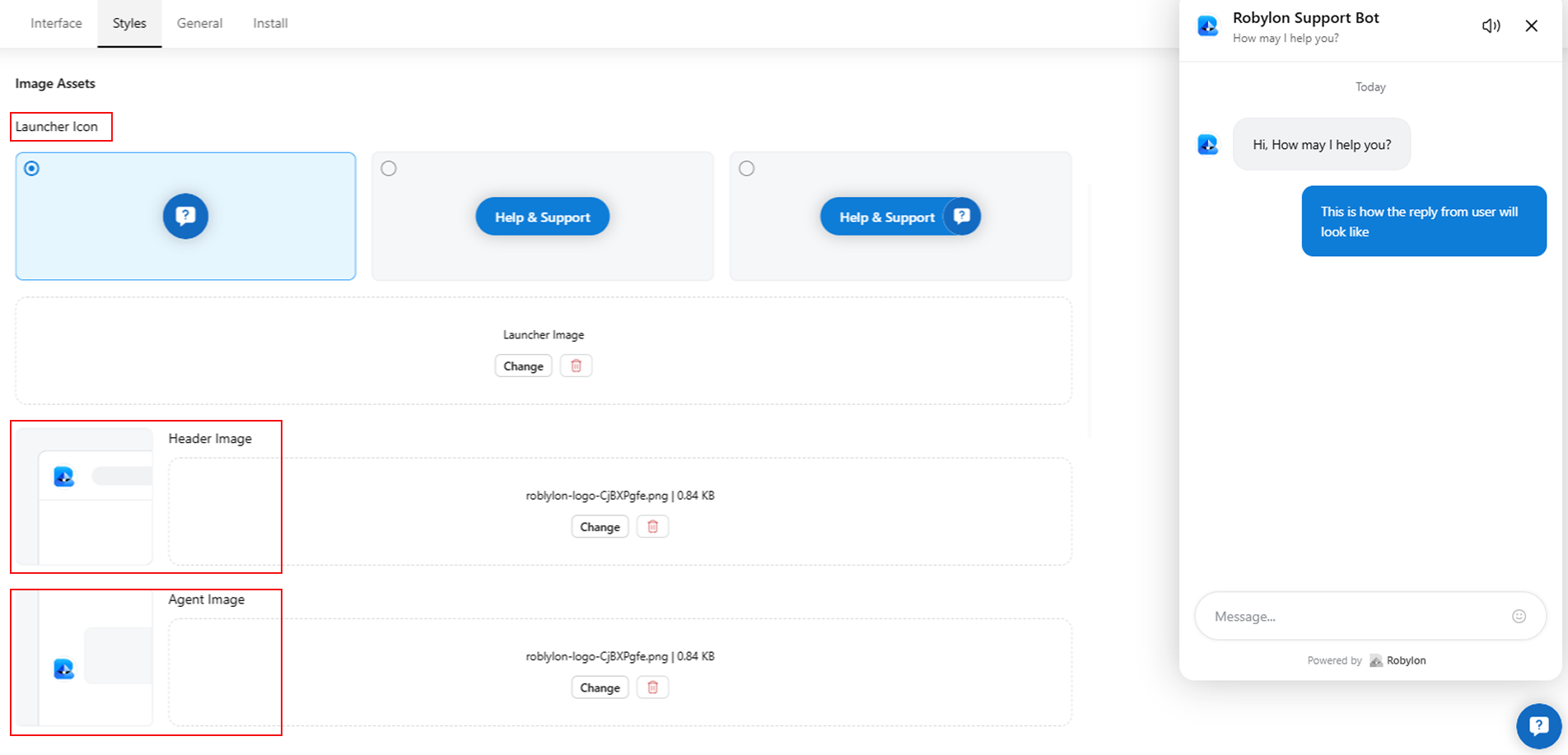 Styles → Image assets for the bot: launcher icon, header image, and agent profile
