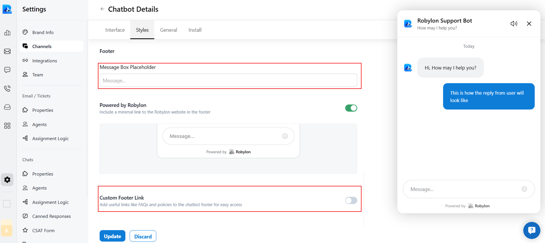 Styles → Footer customization for message placeholder text and custom footer links