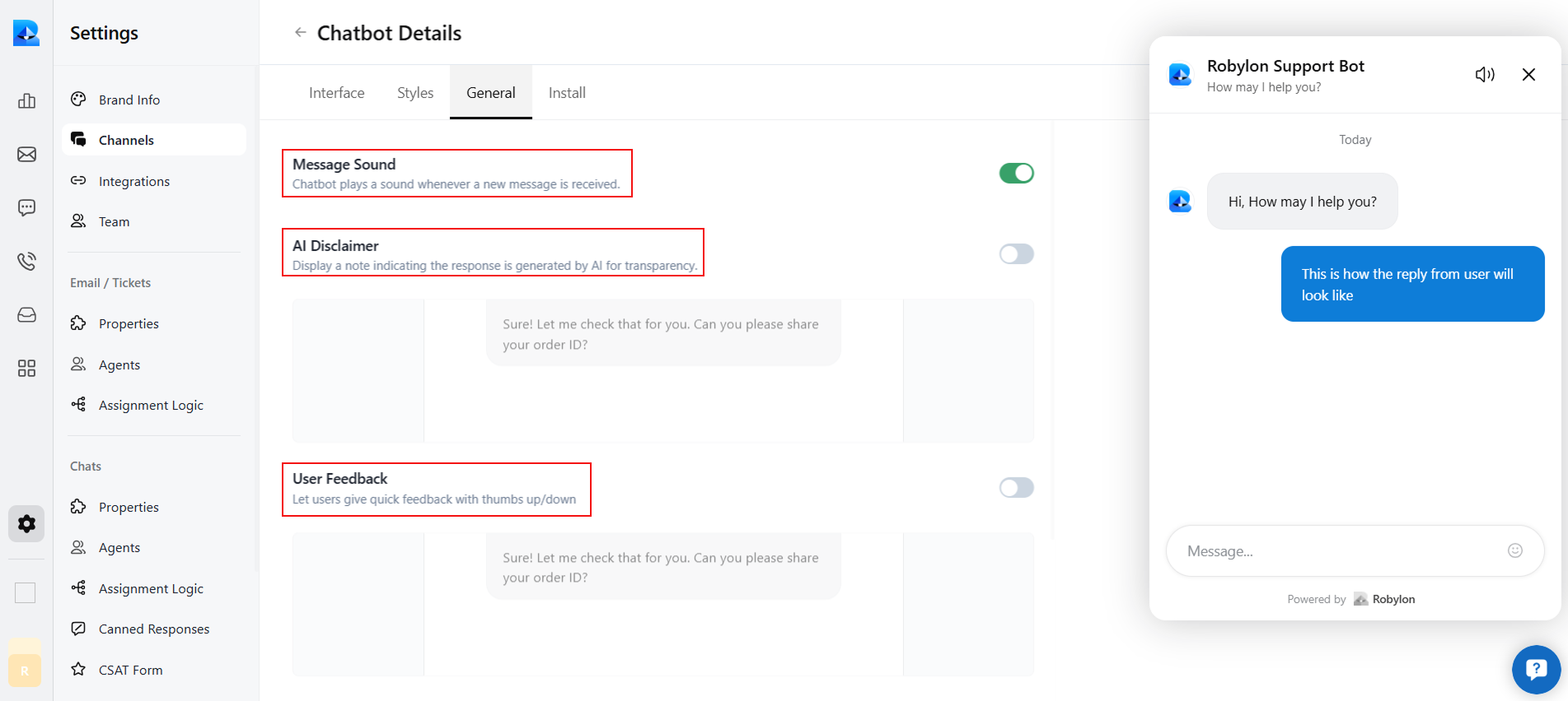 General settings to add an AI disclaimer, collect user feedback, and enable message sound