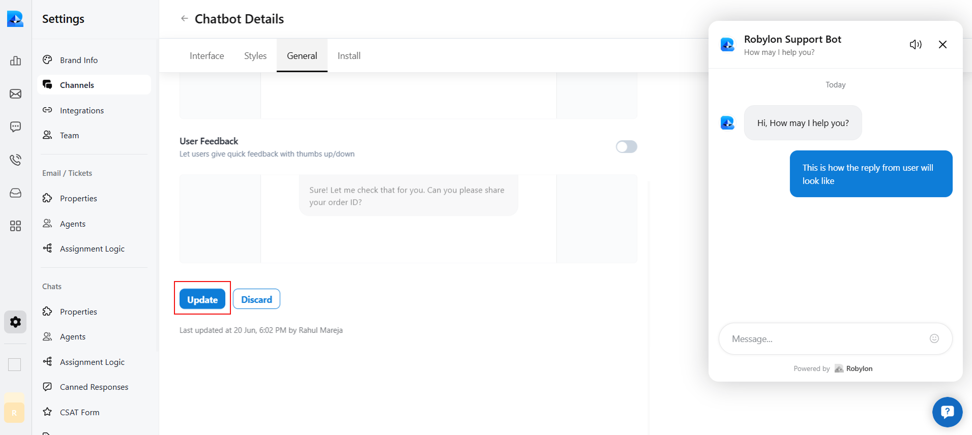 Save changes using the Update button in the Interface, Styles, and General tabs