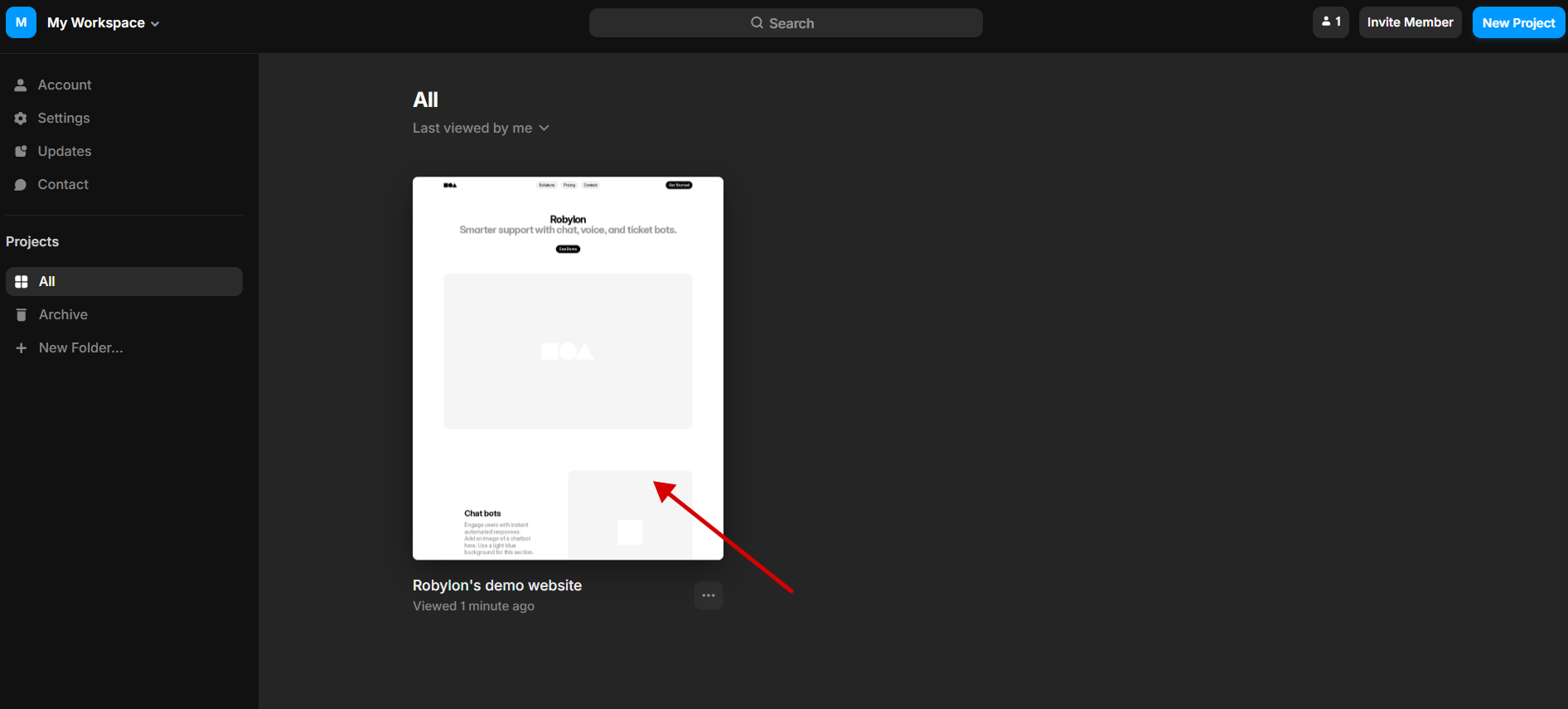 Framer dashboard with project selection view