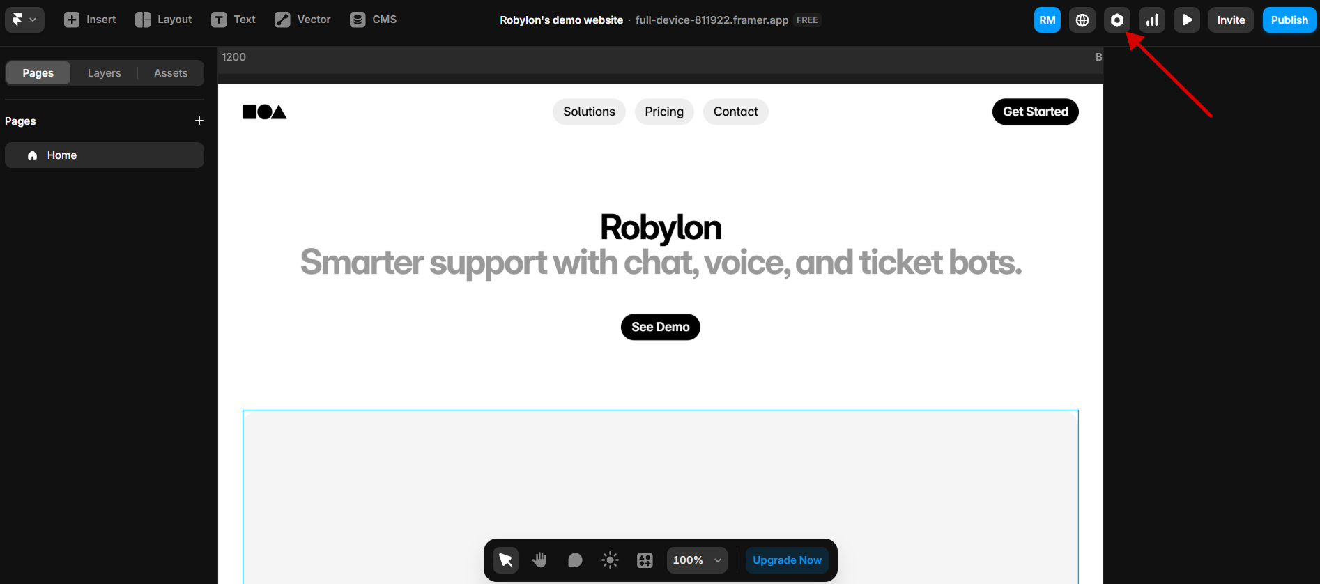 The Framer site settings menu, where custom code can be added