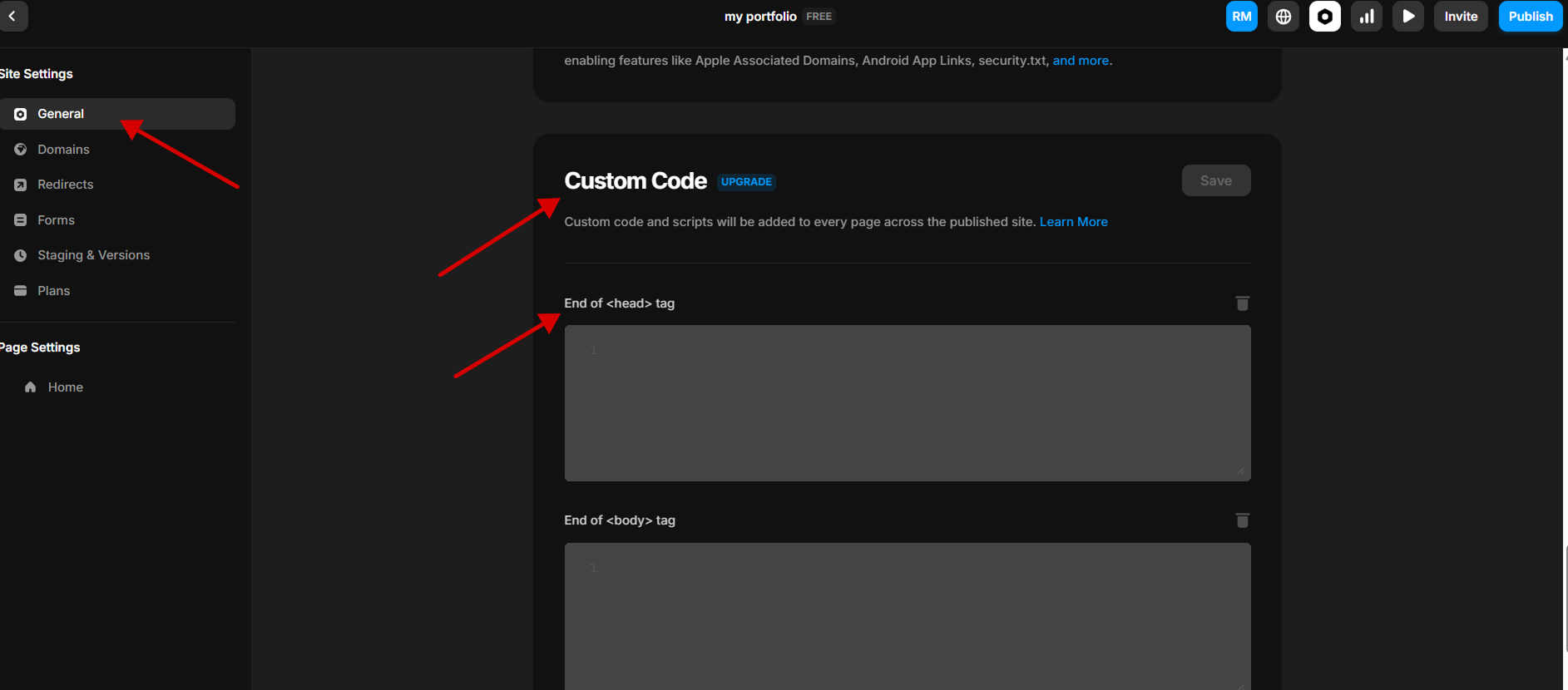 Paste the Robylon embed code into the Framer custom code head section