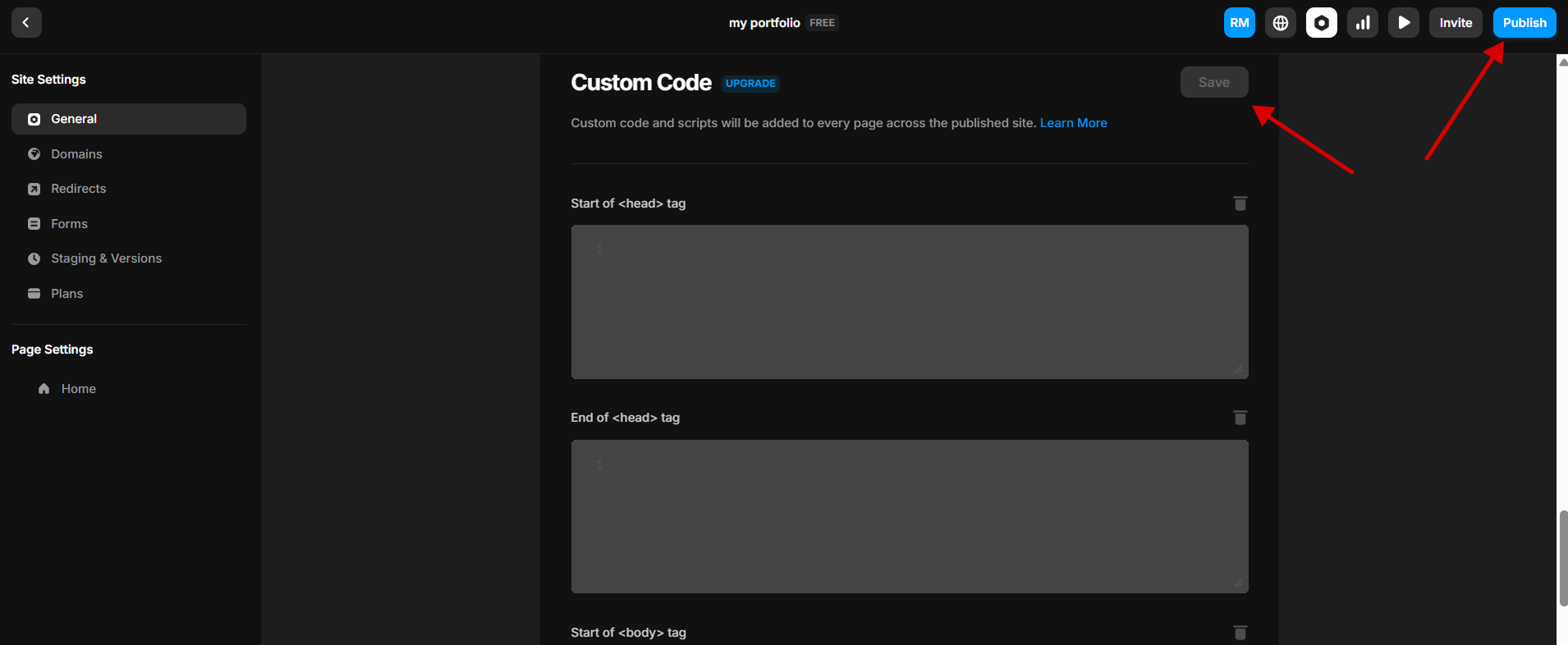 Framer settings with Custom Code fields and a highlighted Publish button to activate the Robylon chatbot