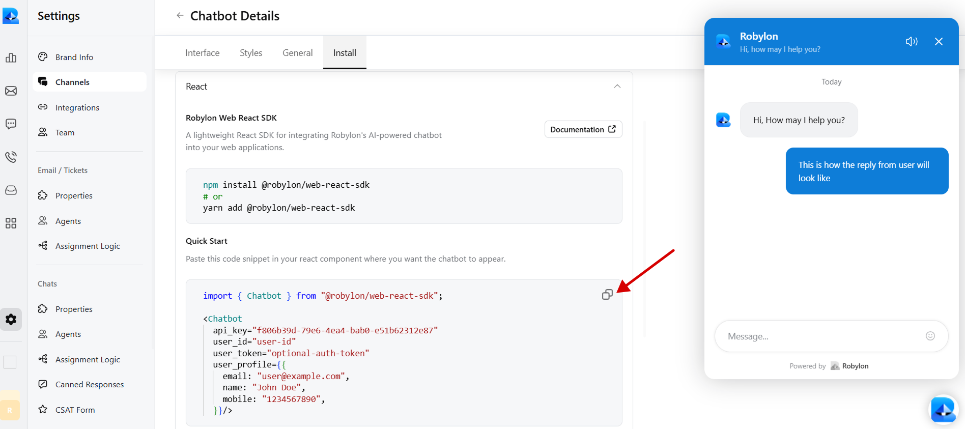 Copy the embed code snippet for Robylon chatbot to paste into the Wix site