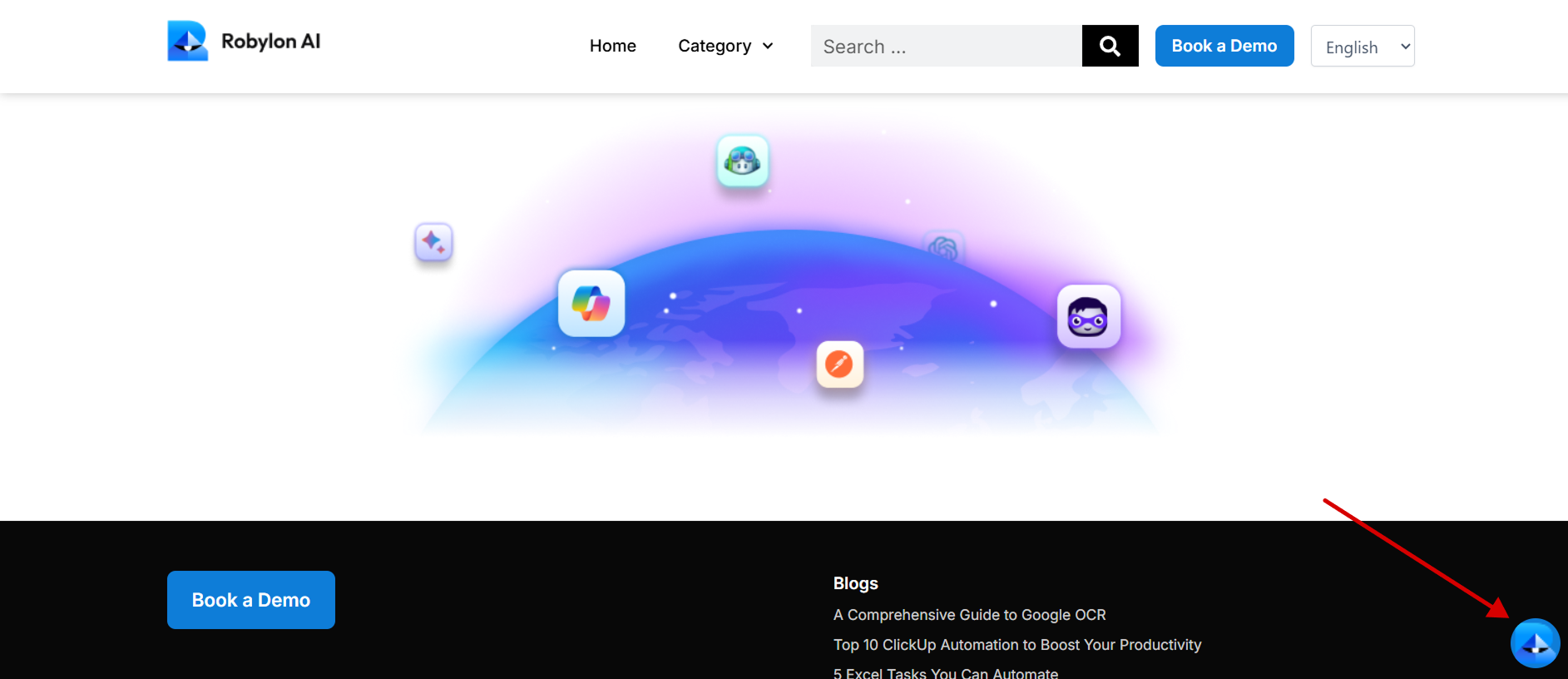 WordPress website with Robylon chatbot launcher icon visible in bottom right corner after integration.