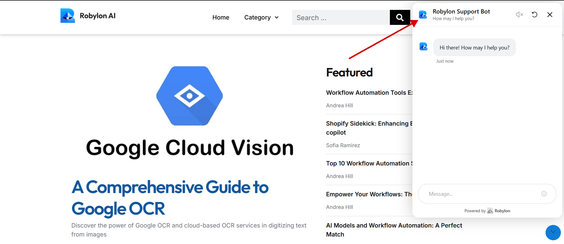 WordPress site with Robylon Support Bot open, showing chatbot greeting message after successful integration