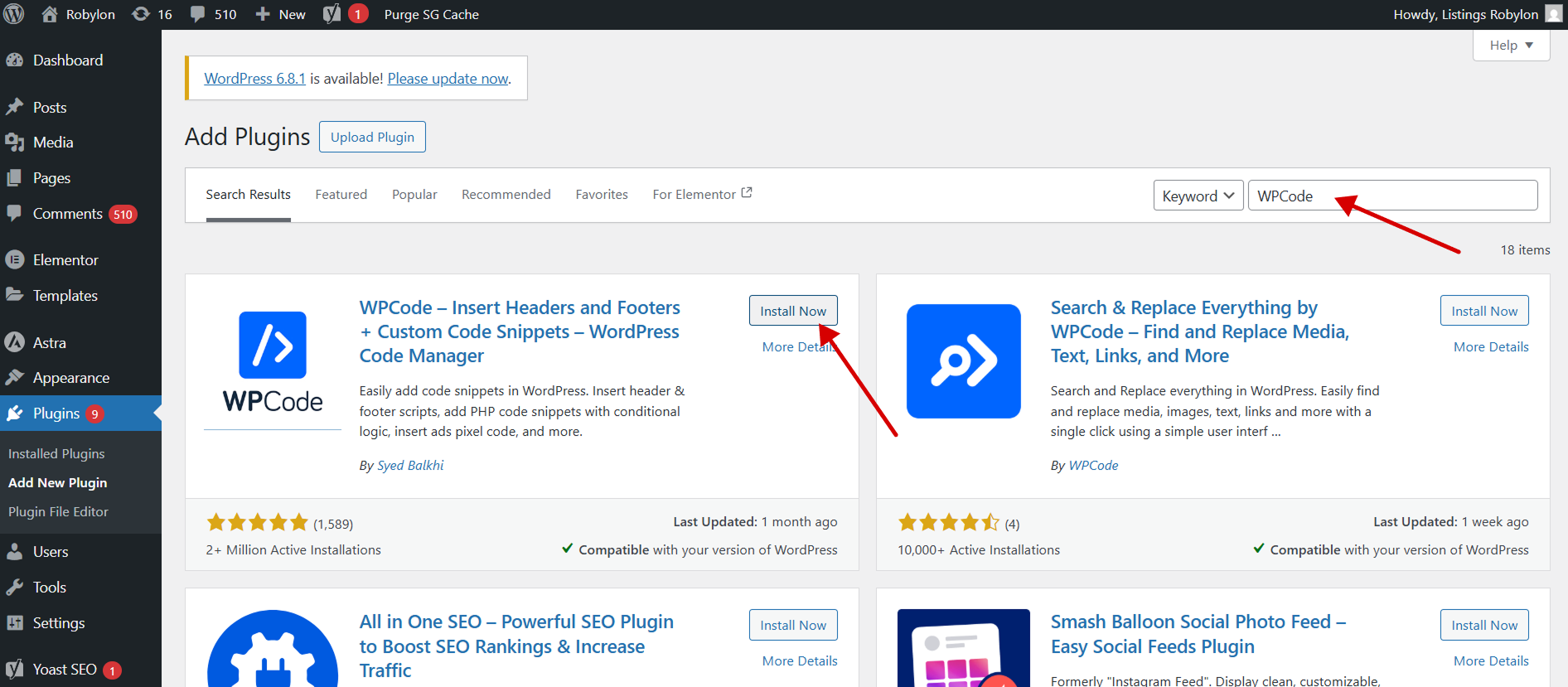 WPCode plugin listing in the WordPress Add Plugins page is ready for installation