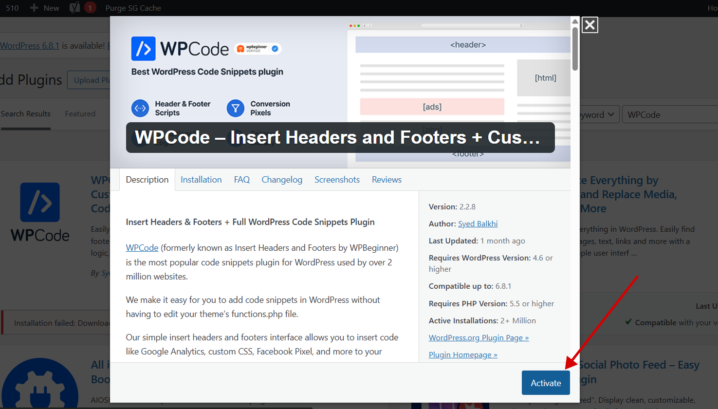 Activate the WPCode plugin in the WordPress Installed Plugins list