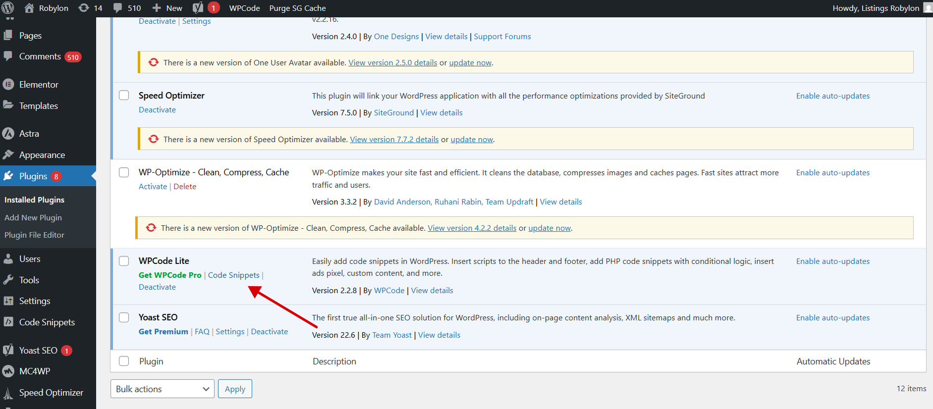 The WordPress sidebar “Code Snippets” menu is visible to embed Robylon code