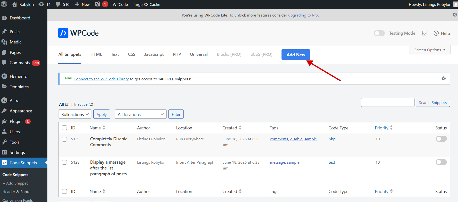 Add a New Snippet page in WordPress showing options to create a custom snippet