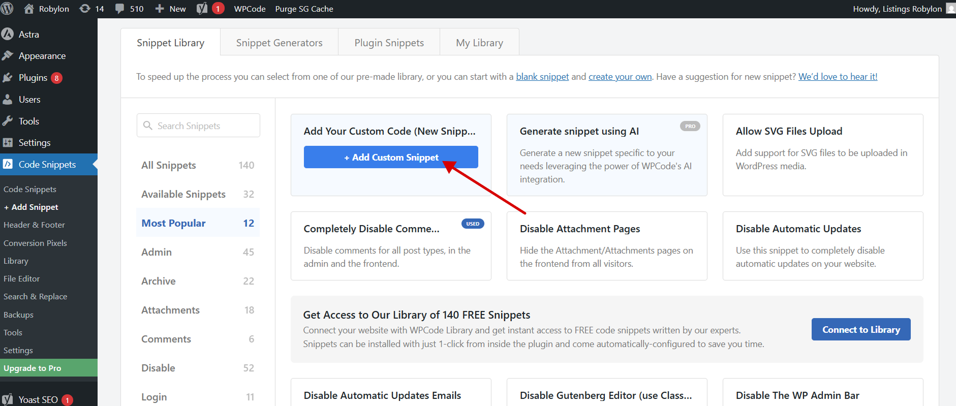 WordPress WPCode plugin screen with the option to add a custom code snippet for embedding the Robylon agent