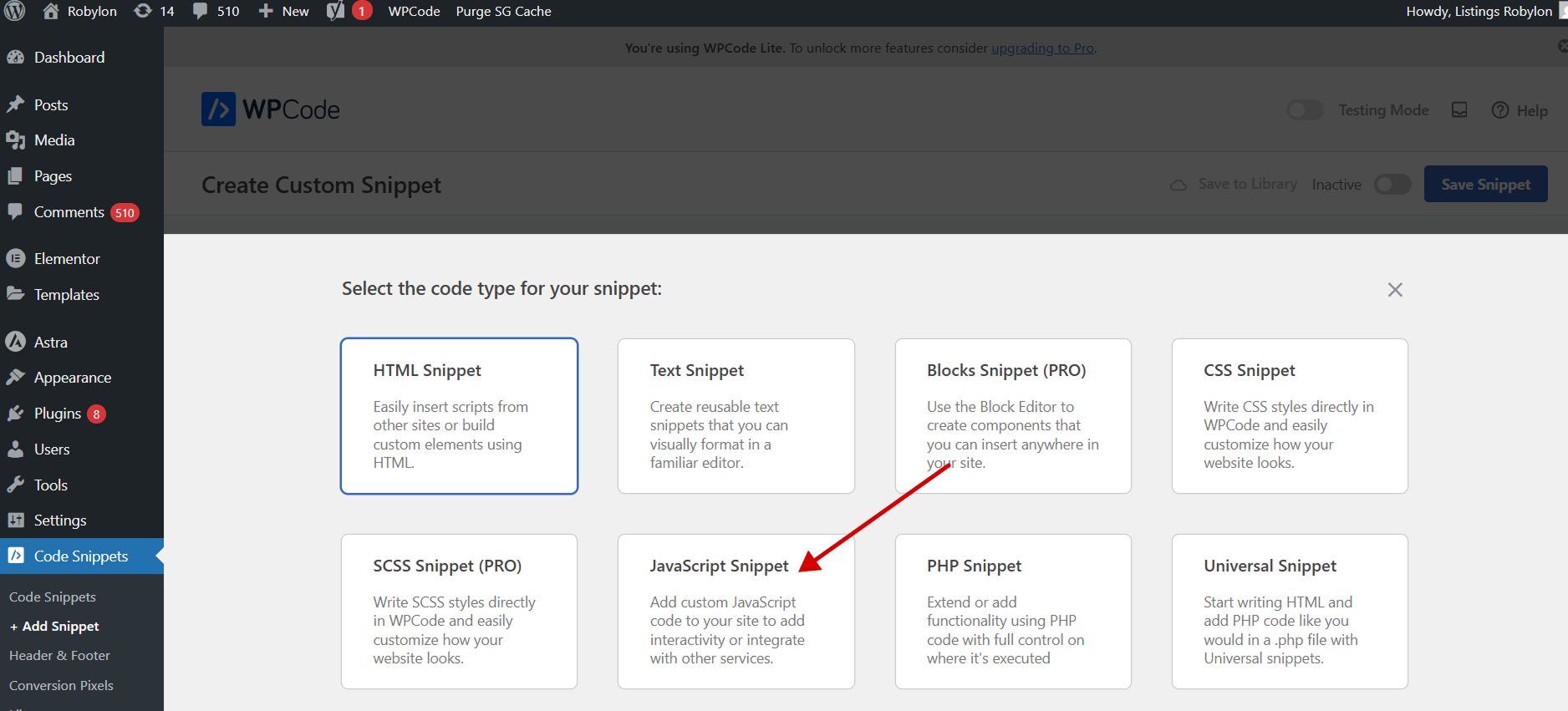 WordPress snippet creation with a prompt to choose the JavaScript snippet type