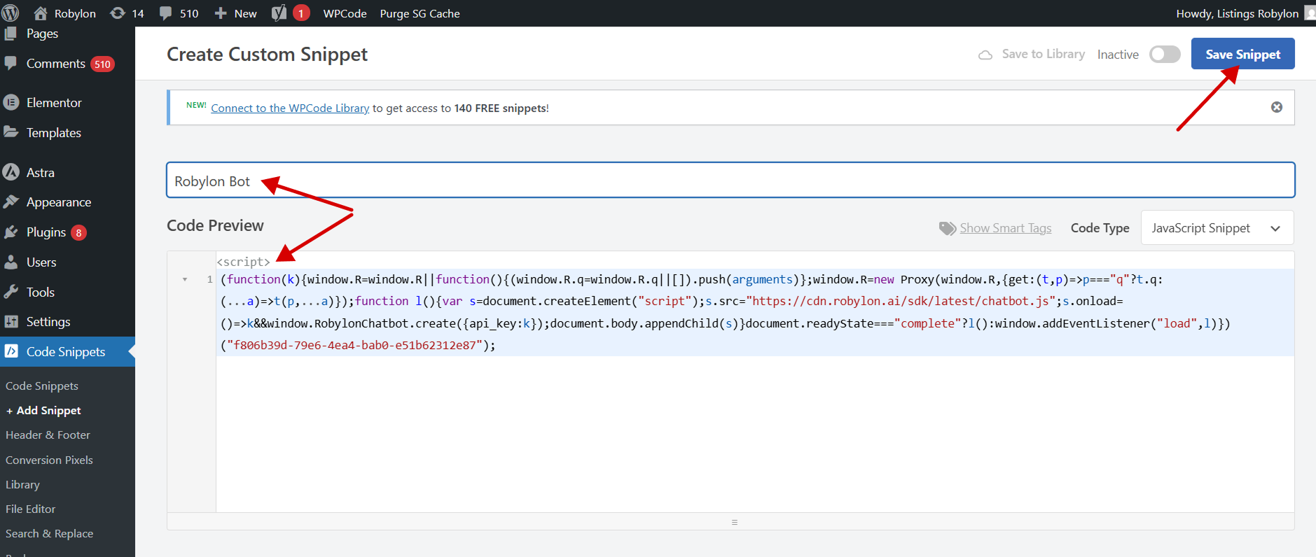 WordPress snippet editor where you paste the Robylon chatbot code