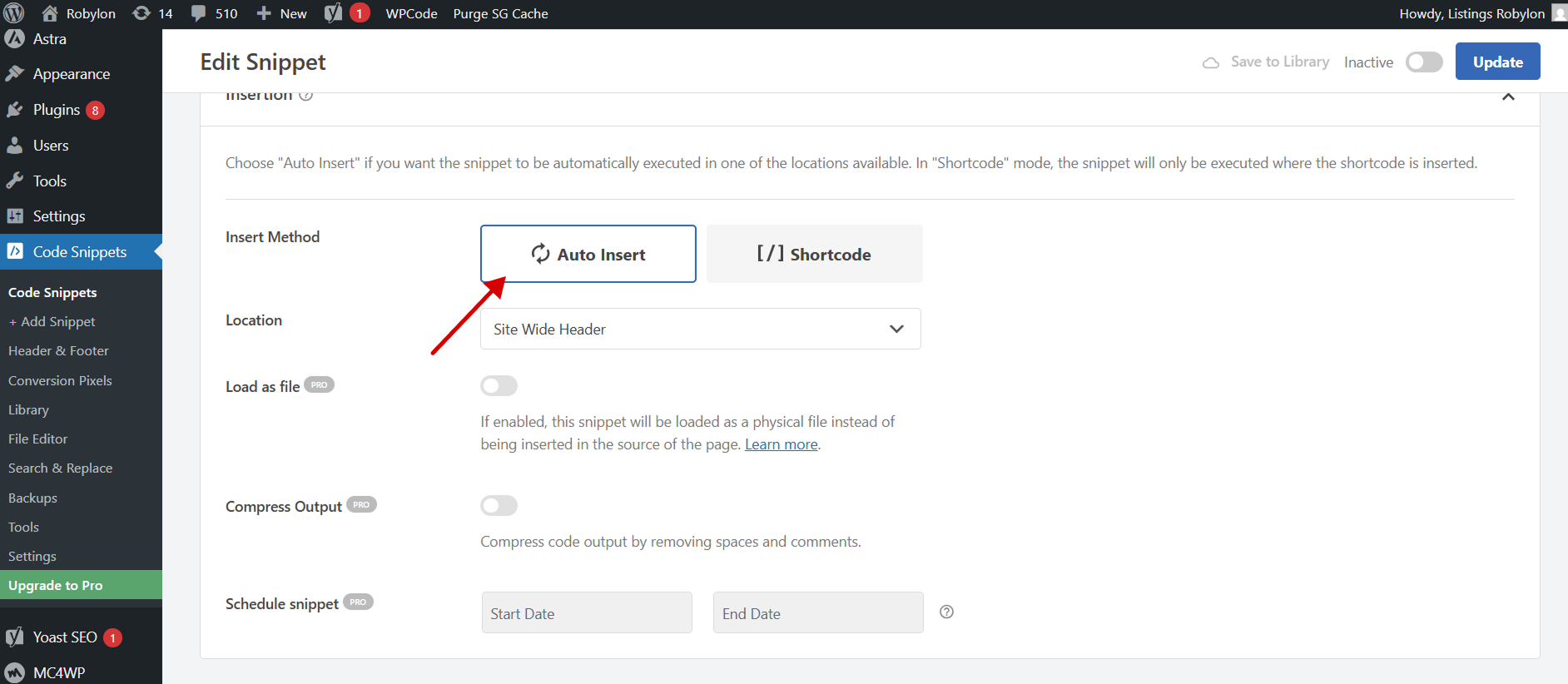 WordPress snippet settings showing “Auto Insert” method selected