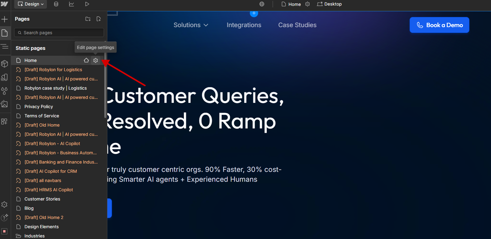 In the pages panel, select the Edit Page Settings gear icon to configure the Home page before adding Robylon chatbot script