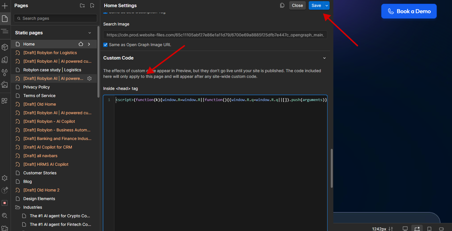 Webflow page’s Custom Code section with "Paste embed code in head tag" instruction