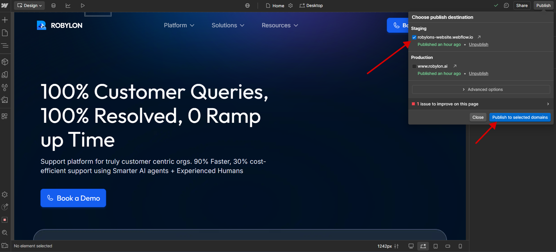 Webflow publish settings screen showing staging and production domains for deploying Robylon chatbot integration