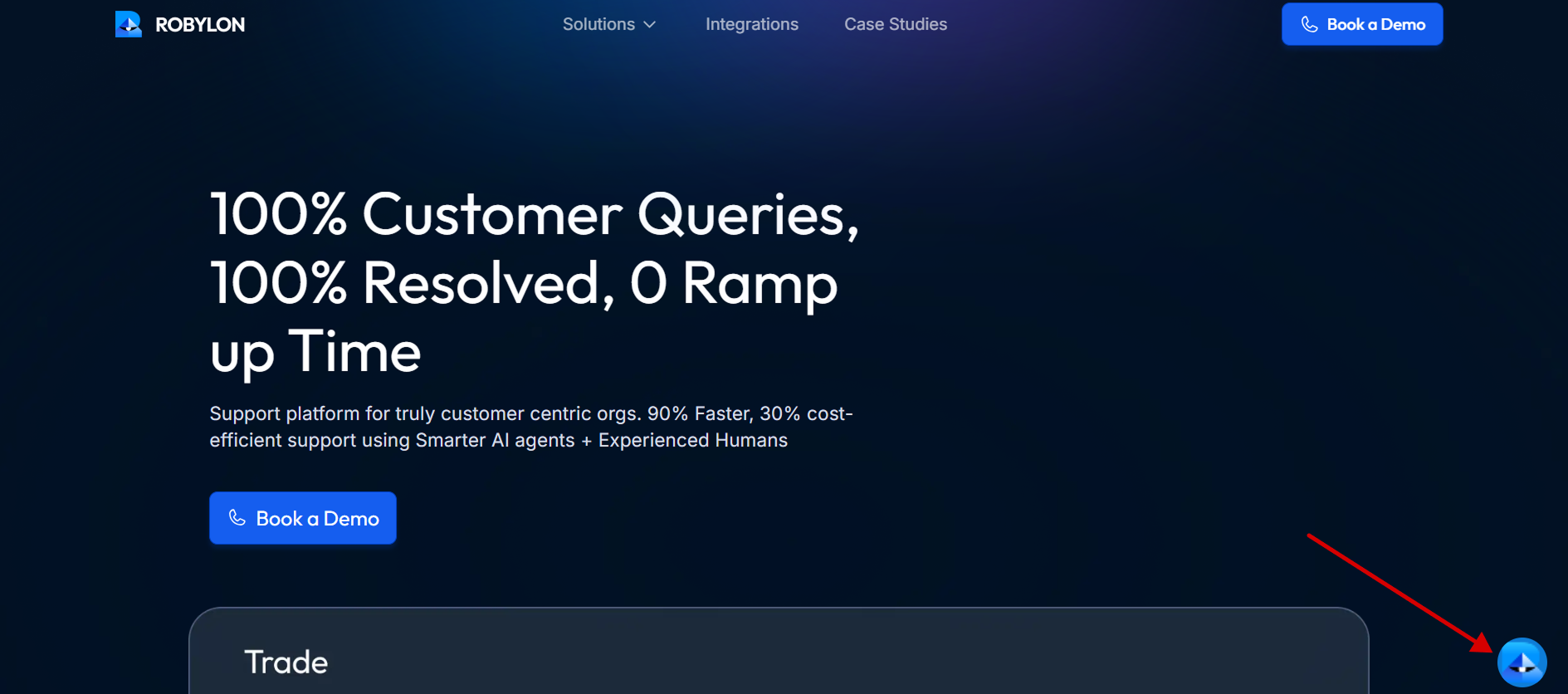 Webflow site with Robylon chatbot launcher icon visible in the bottom-right corner after integration