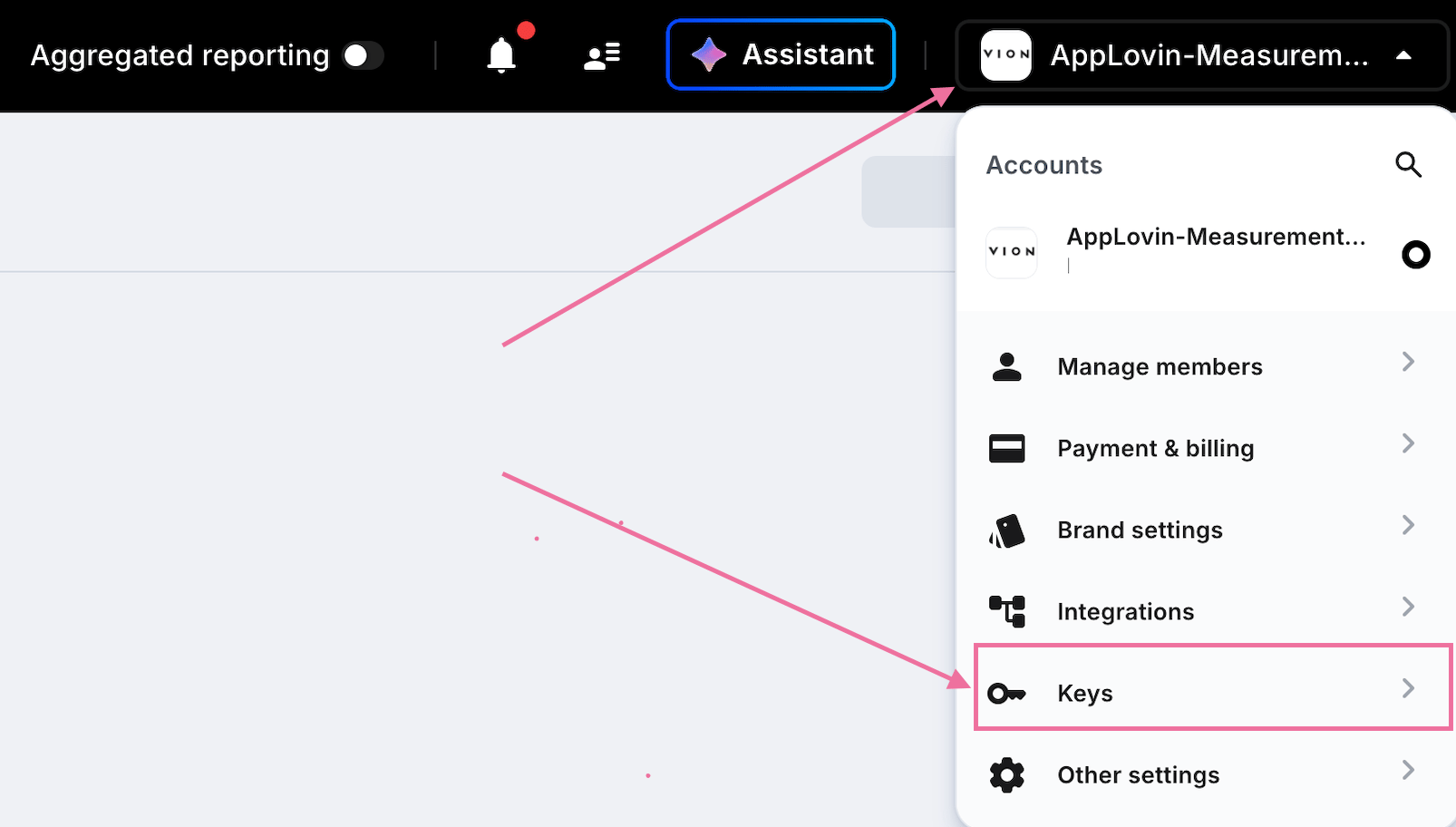 Navigating to Keys in AppLovin