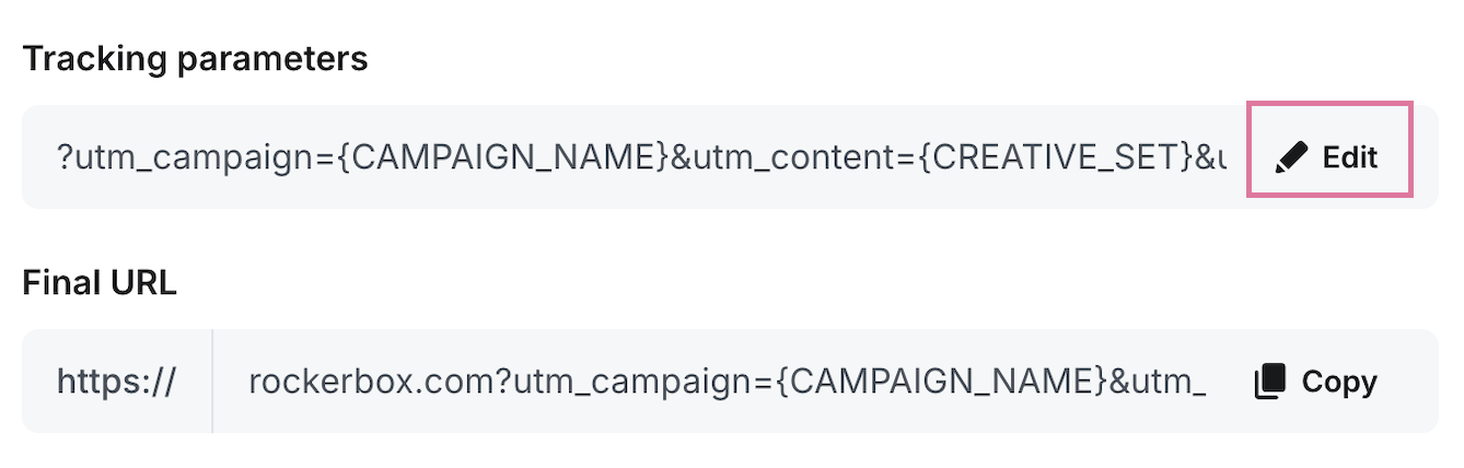 Tracking parameters Edit button in AppLovin