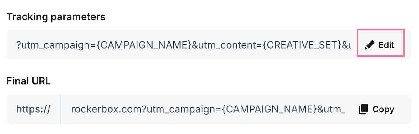 Tracking parameters Edit button in AppLovin