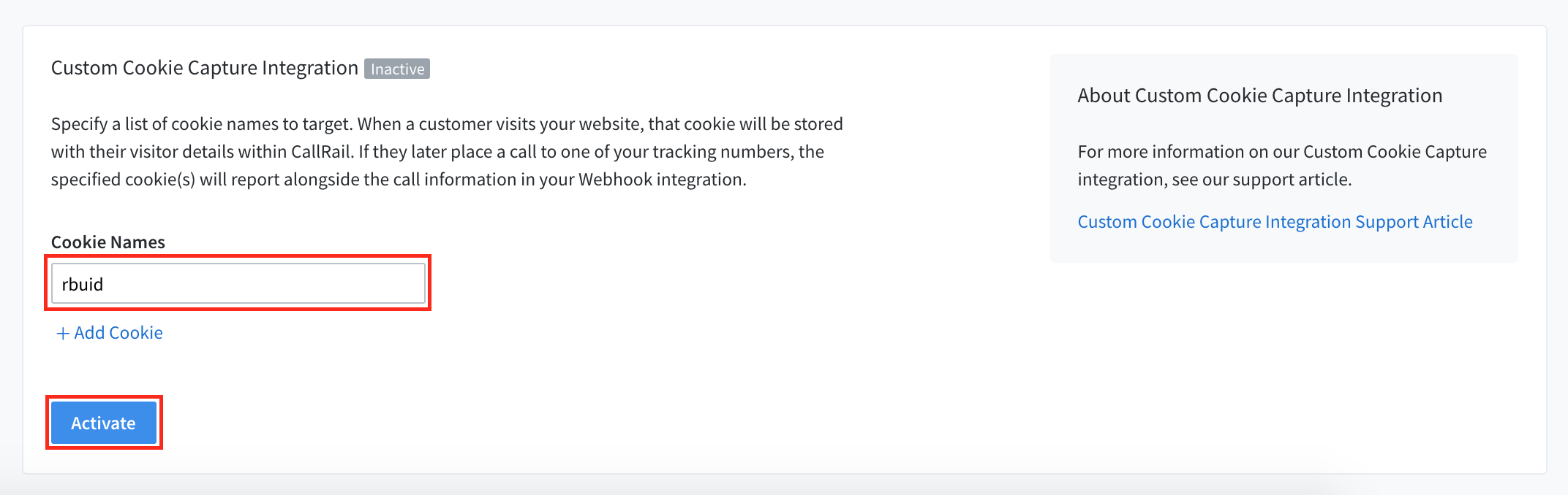 CallRail Custom Cookie Capture with rbuid entered